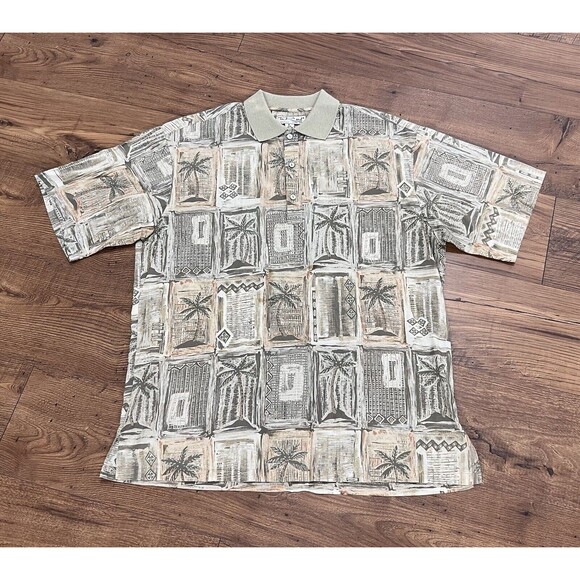 Tori Richard Cotton Lawn Palm Tree Tribal Hawaiian Mens Large Polo Shirt Beach - Picture 3 of 9